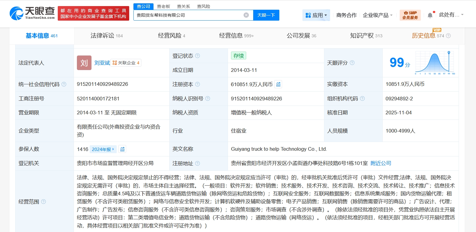 货车帮关联公司注册资本大幅增至61.1亿，互联网软硬件业务迎来新篇章